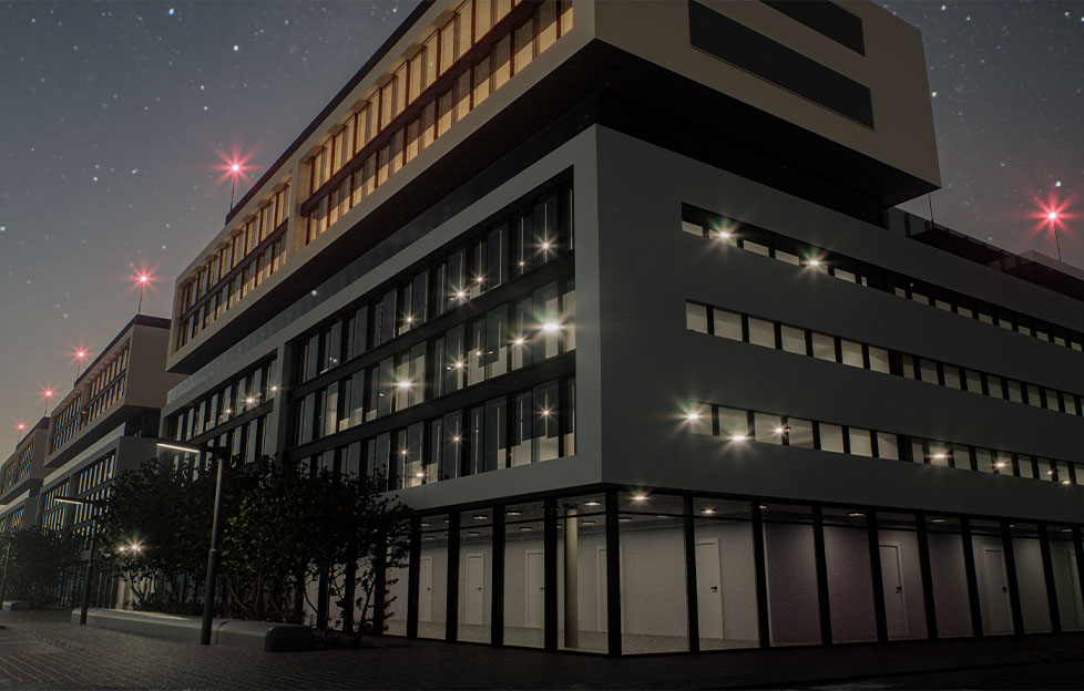 3D-Architektur-Exterior-Gebaeude-Buerokomplex-Nacht-Architekturvisualisierung