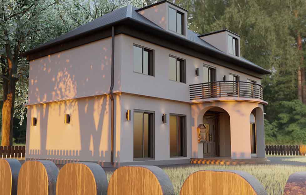 3D-Haus-Architektur-Abend-Licht-Exterior-Hausdesign-Design-Modell